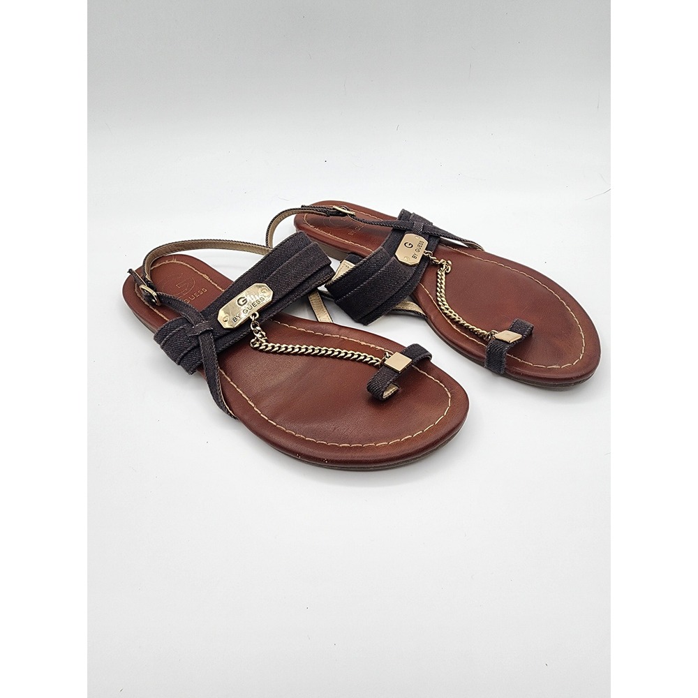 G by Guess Black Denim Gold Chain Toe Ring Flat Sandals Size 7M